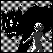 A girl with her arms out like an excited bird gazes wondrously at a stalking monster with many eyes and a silhoutte like flickering flames.