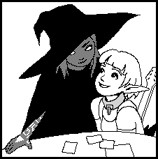A shadow mage in floppy hat and tattoos leans over an excited Luma, who sits at a table covered in notes and hangs on the mage's next words.