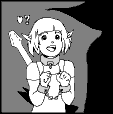 Luma, in more chains than normal and engulfed in darkness, beams eagerly up at the intimidating silhoutte of her new friend.